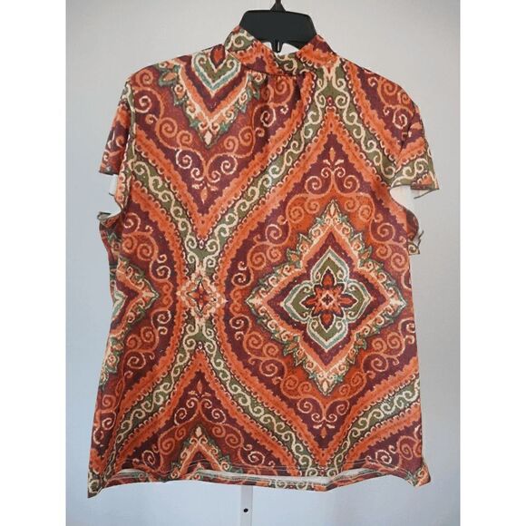 Women's Brown & Green Floral Mock Neck Flutter-Sleeve Top 1928-D3 - Picture 2 of 6